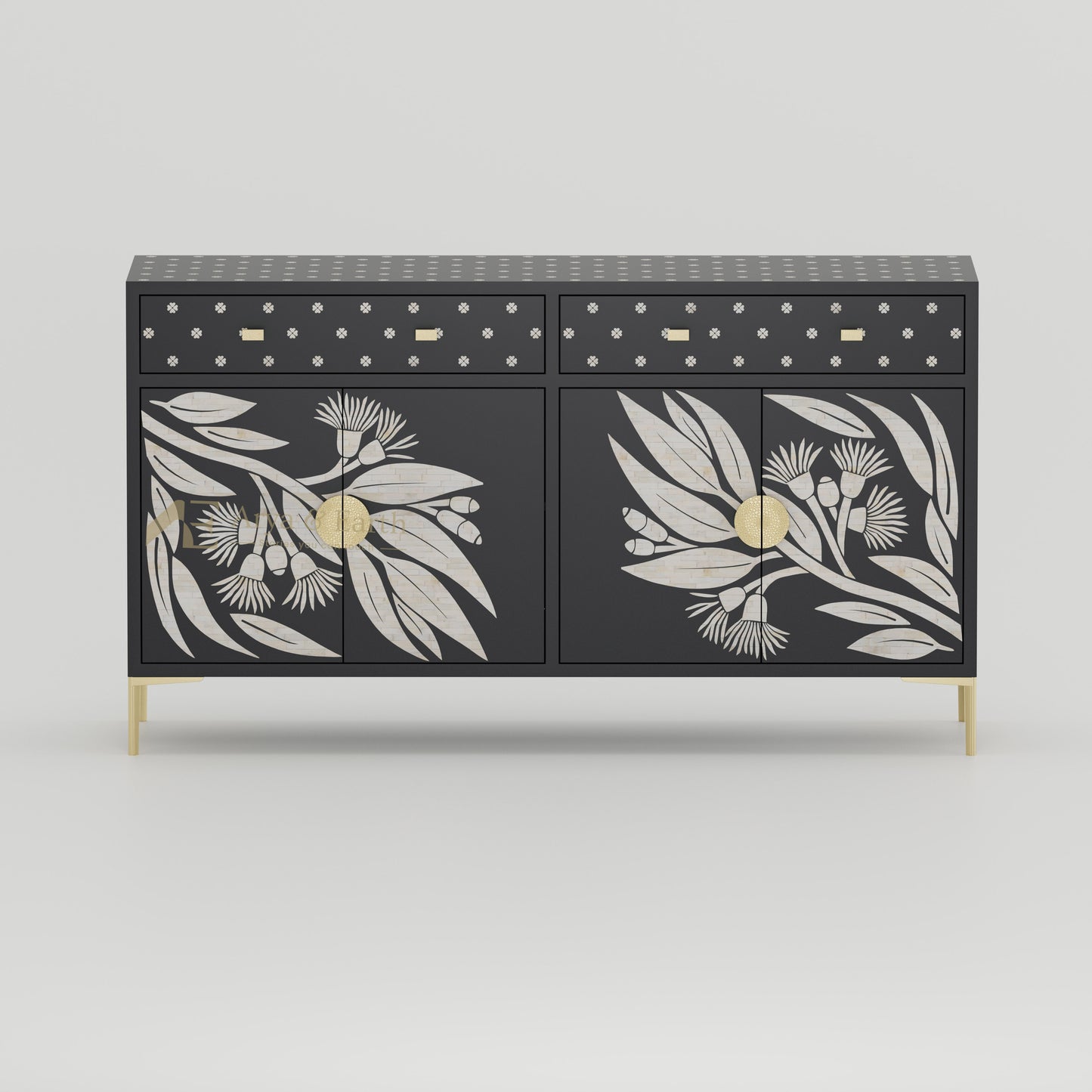 Bone Inlay Black buffet cabinet with floral designs and gold accents