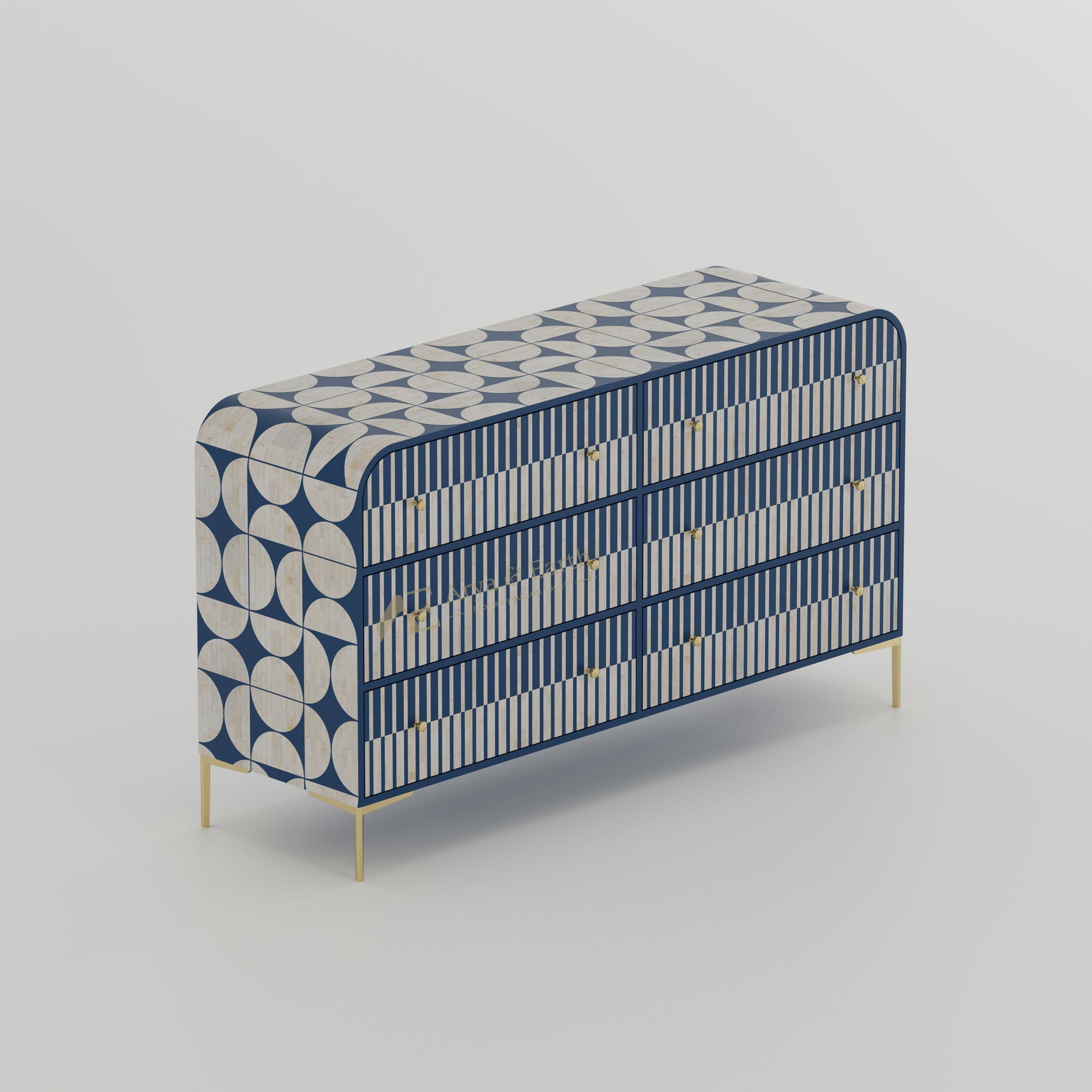 Cabinet with blue and white pattern bone inlay