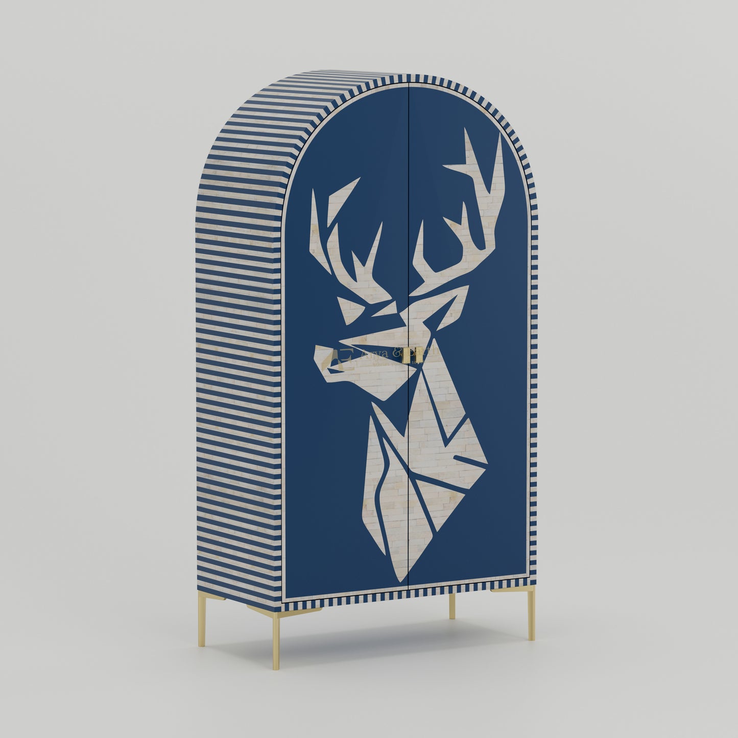 Bone Inlay Bar Cabinet with deer head design handmade furniture