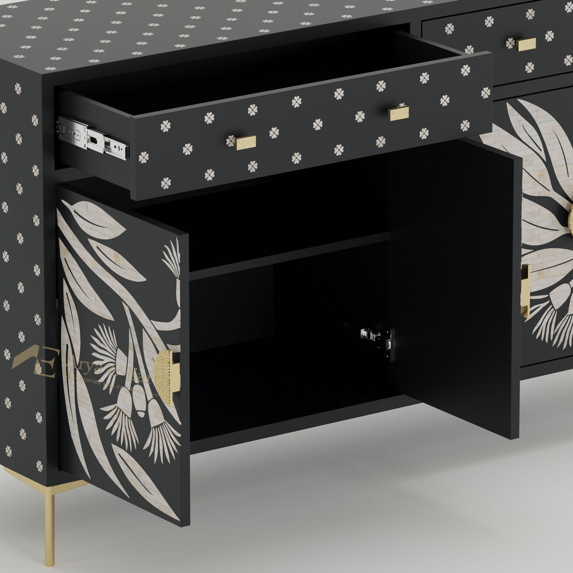 Bone inlay Black cabinet with floral patterns open drawer and shelves.