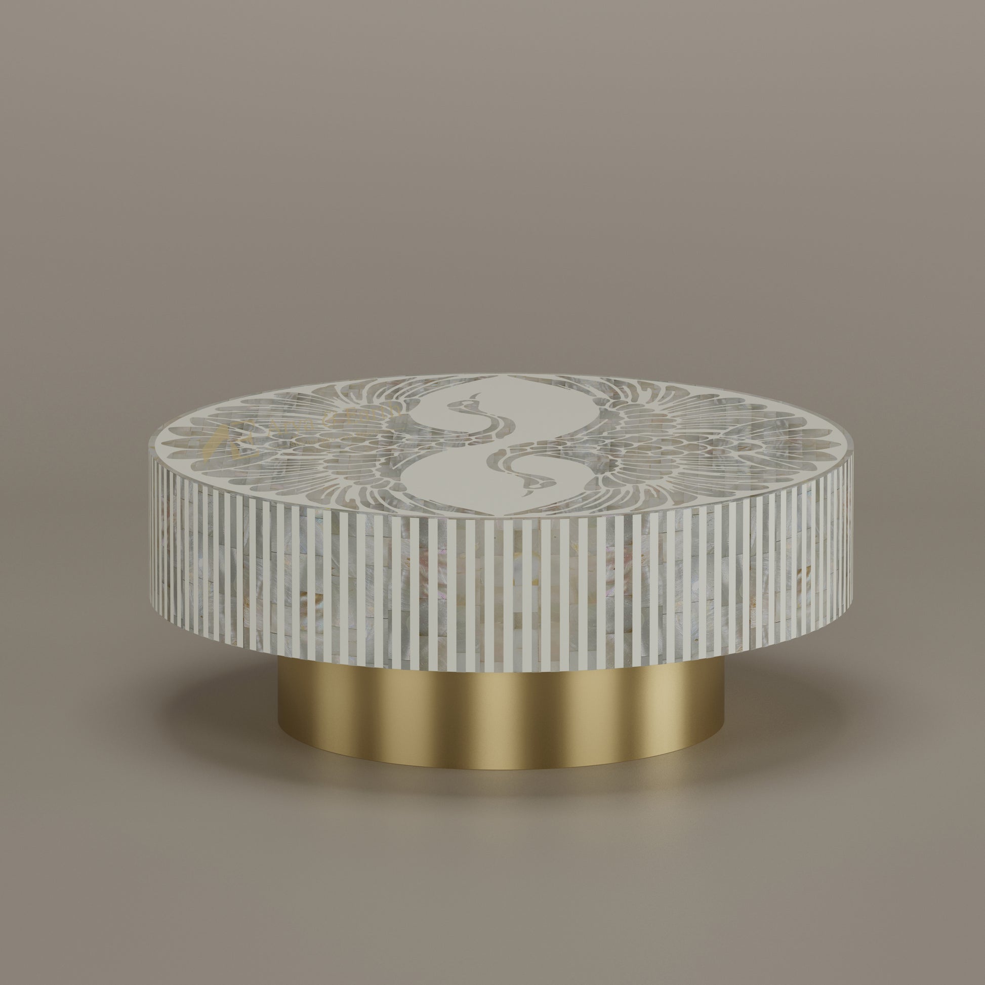 Mother of pearl inlay white round coffee table with phoenix design