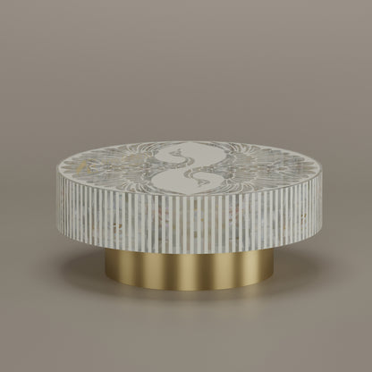 Mother of pearl inlay white round coffee table with phoenix design