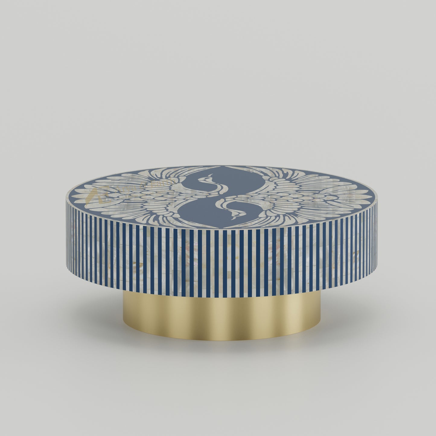 Mother of pearl blue coastal round table with gold base