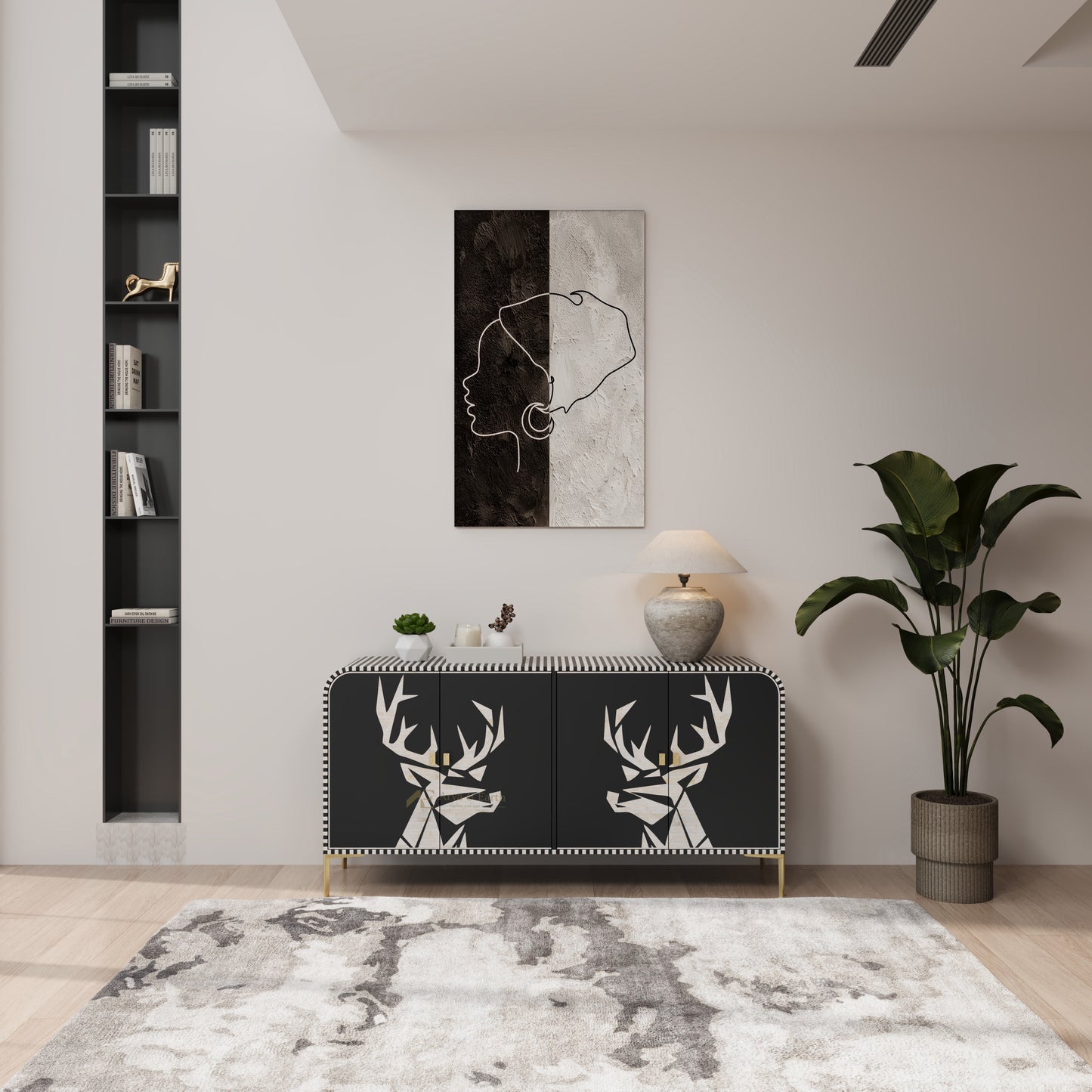 Modern interior with a black and white bone inlay sideboard, abstract art, and a plant.