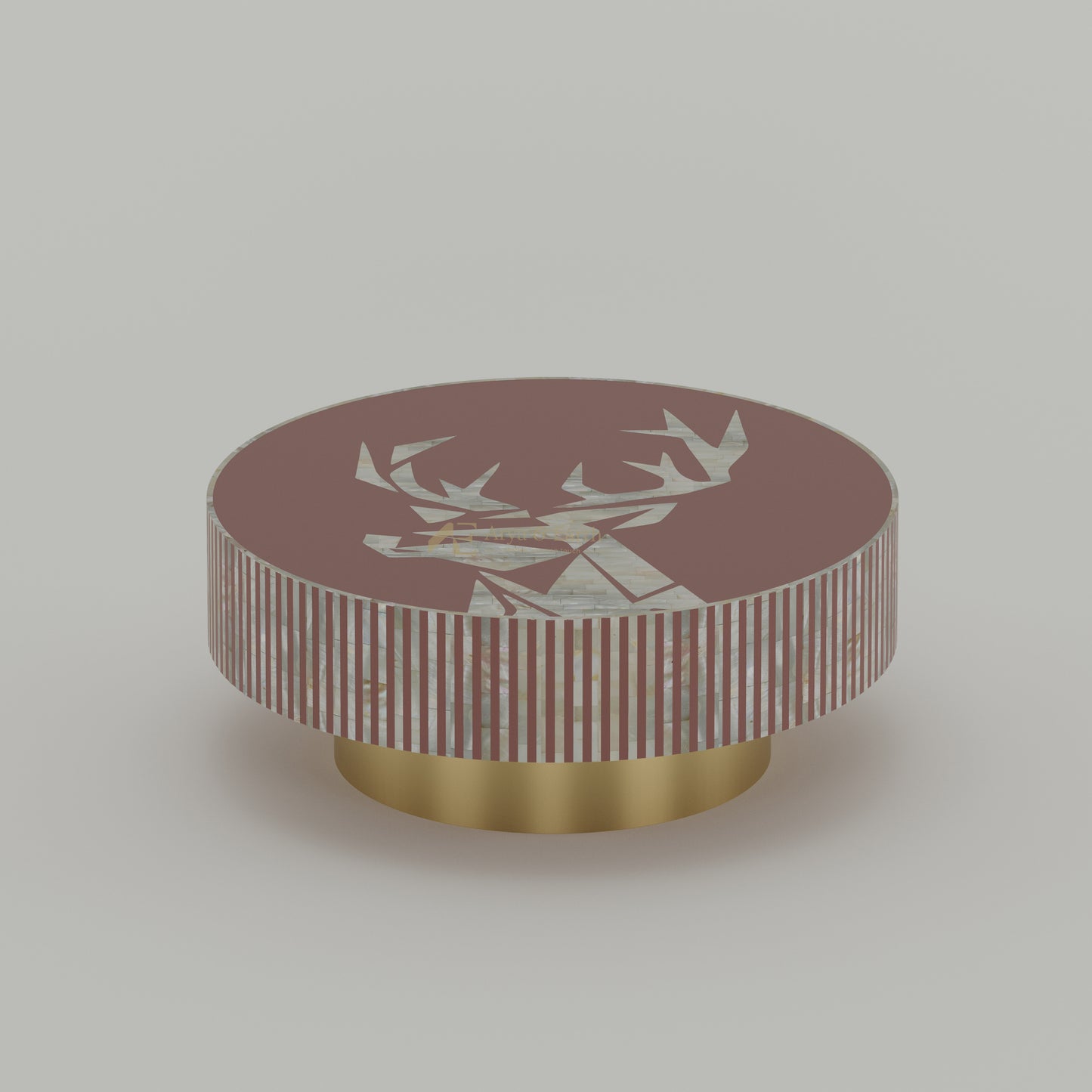 Mother of pearl inlay round table with deer  and stripe design and golden base
