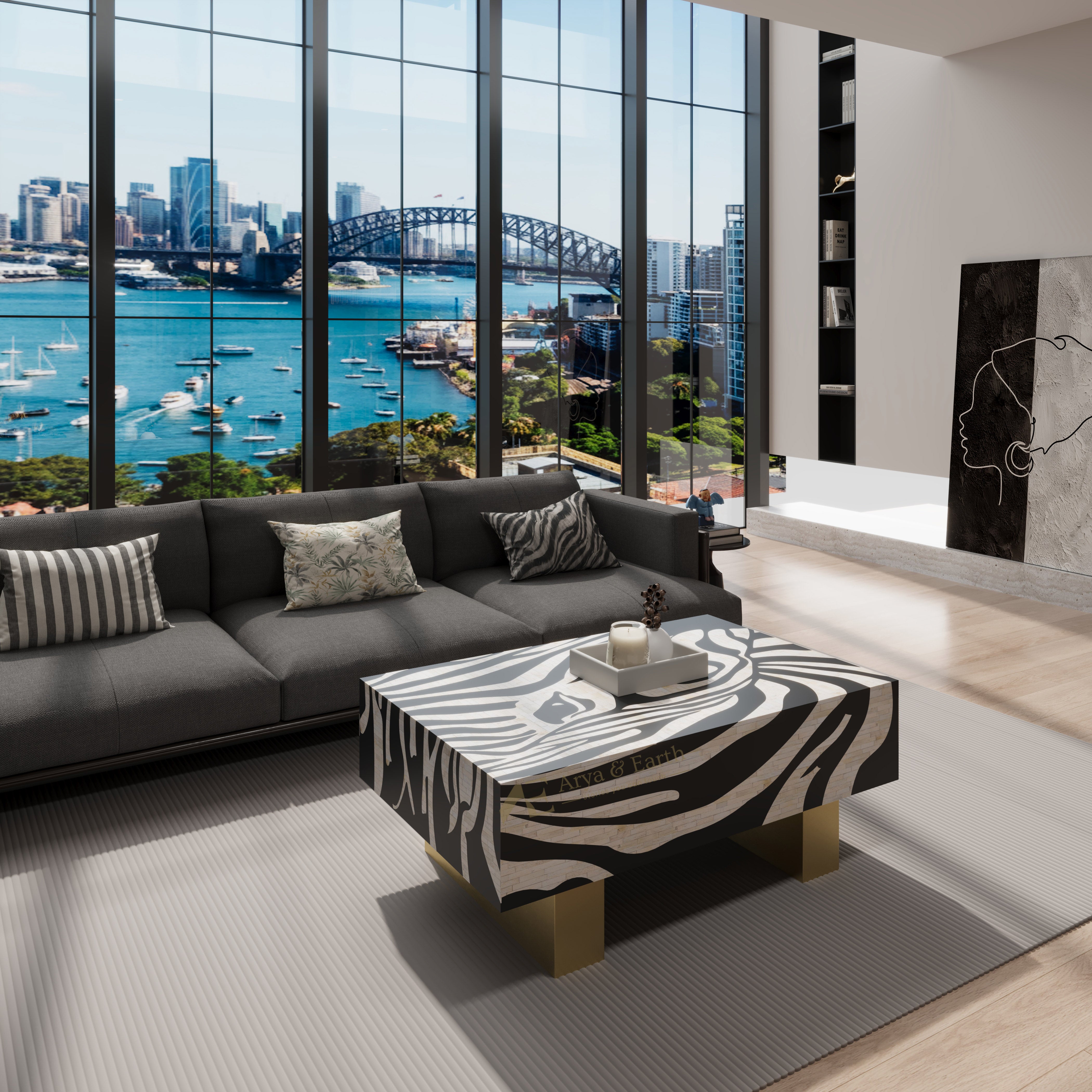 Modern living room with a zebra-patterned rectangle coffee table and cityscape view.