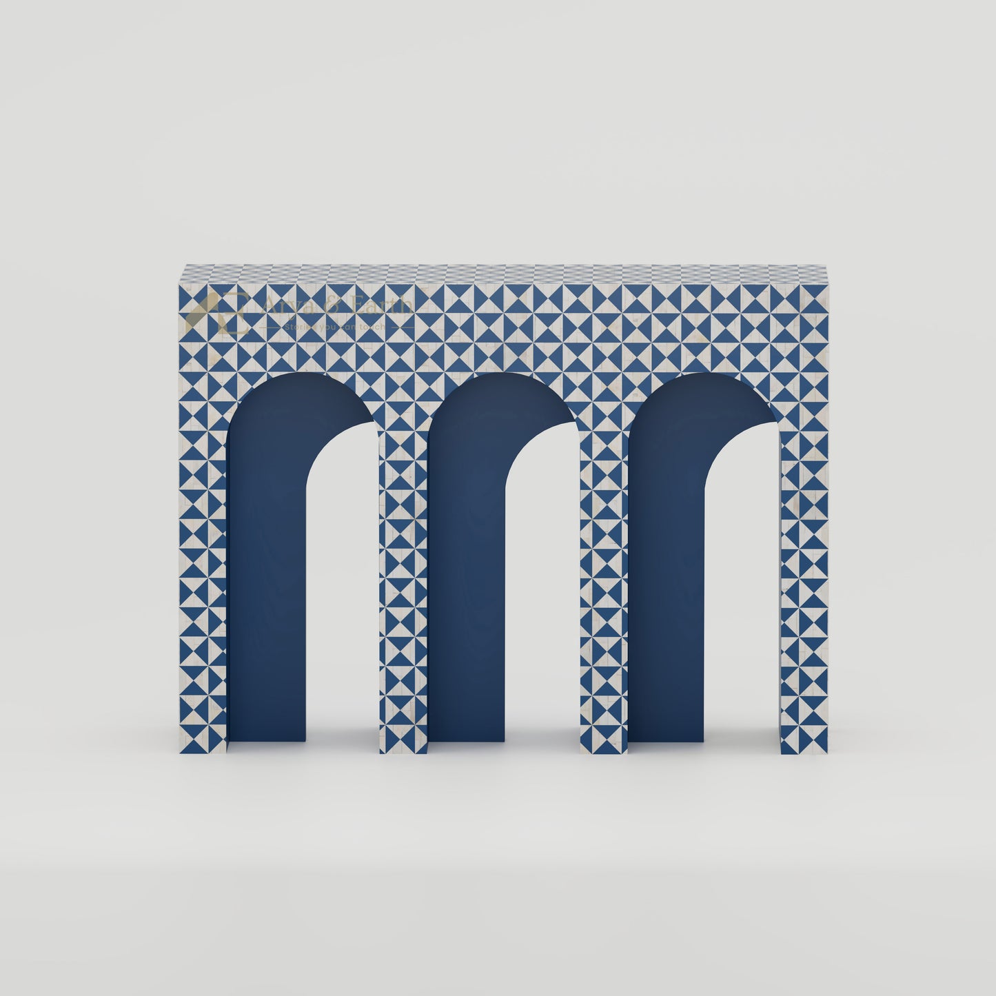 Bone Inlay arched console table with blue and white  art deco style geometric pattern