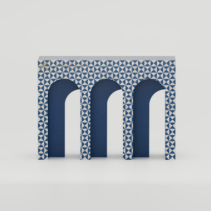 Bone Inlay arched console table with blue and white  art deco style geometric pattern