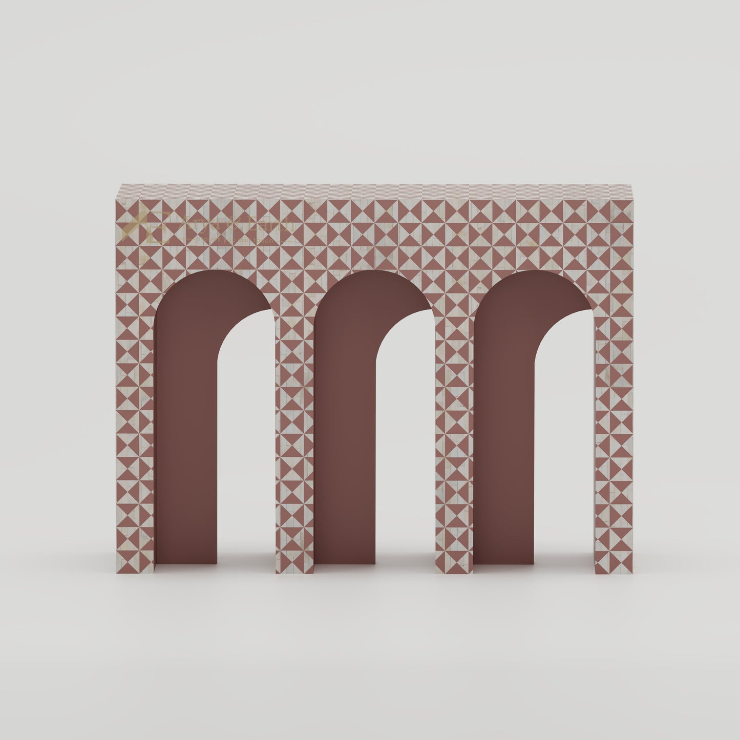 Bone Inlay arched console table with terracotta and white  art deco style geometric pattern