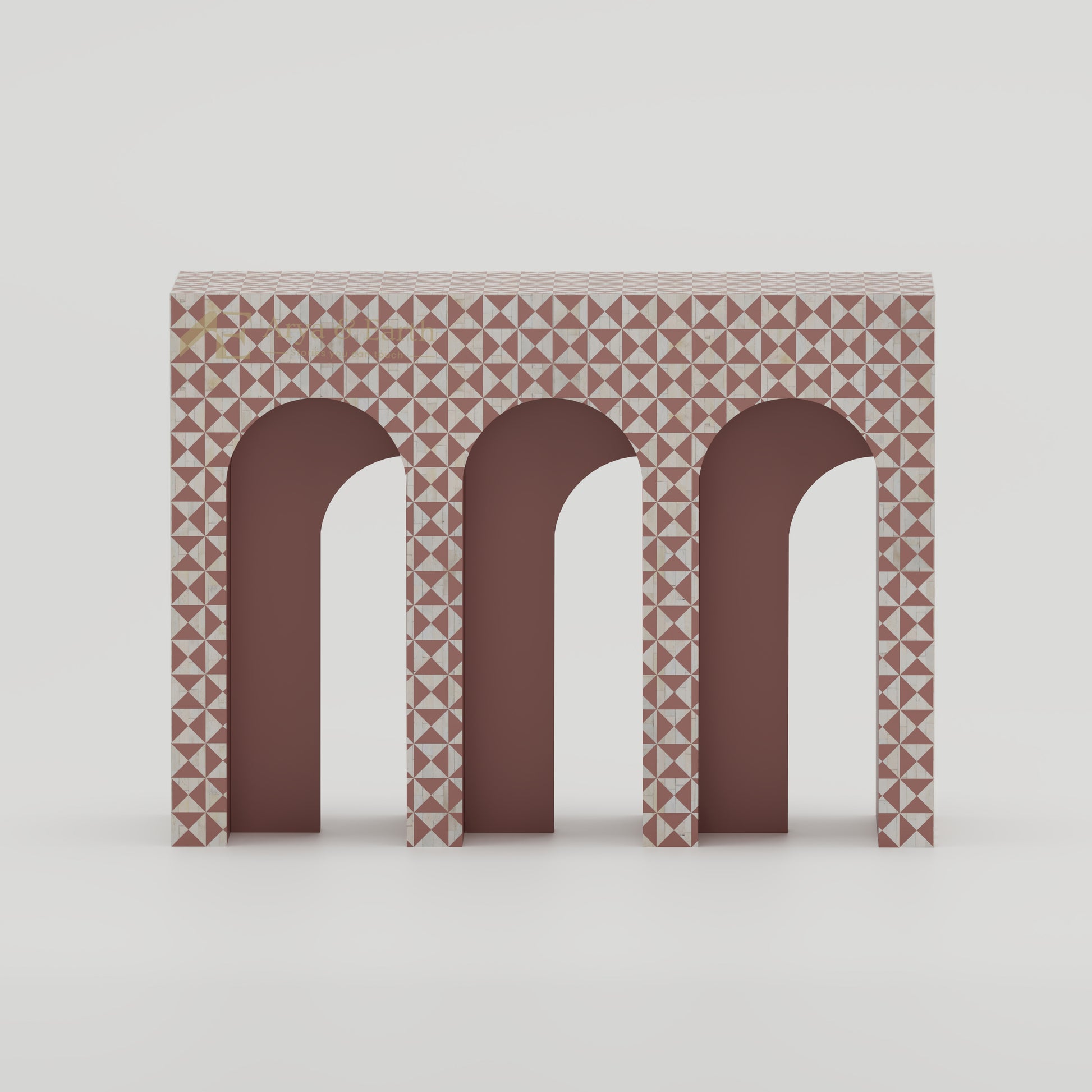 Bone Inlay arched console table with terracotta and white  art deco style geometric pattern