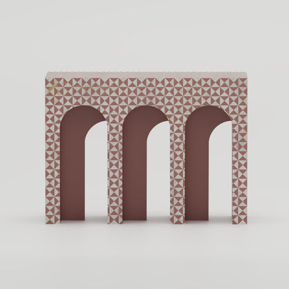 Bone Inlay arched console table with terracotta and white  art deco style geometric pattern