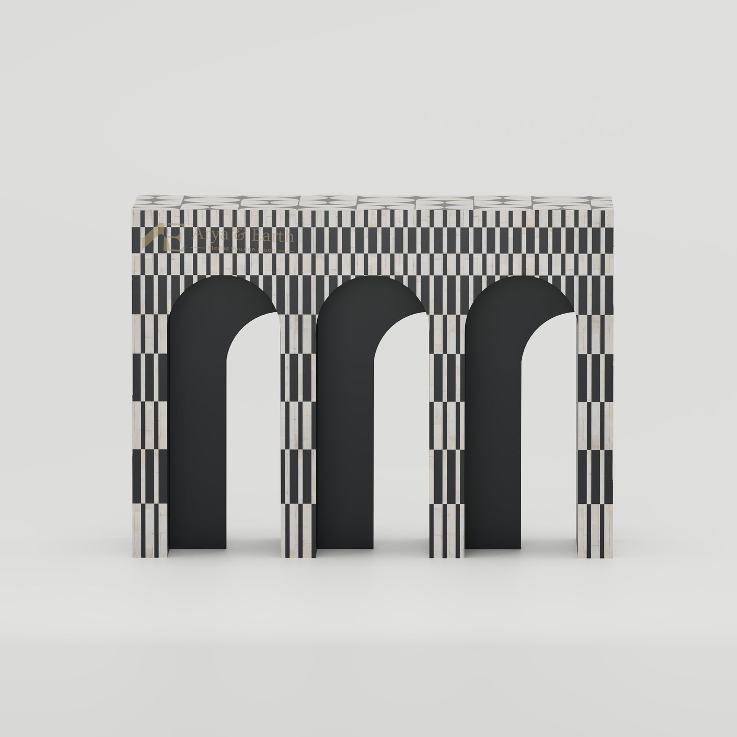Black and white console table with arches with geometric pattern