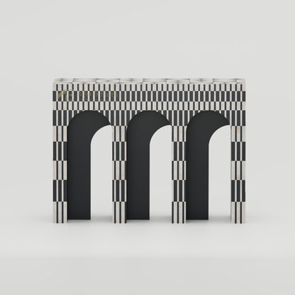 Black and white console table with arches with geometric pattern