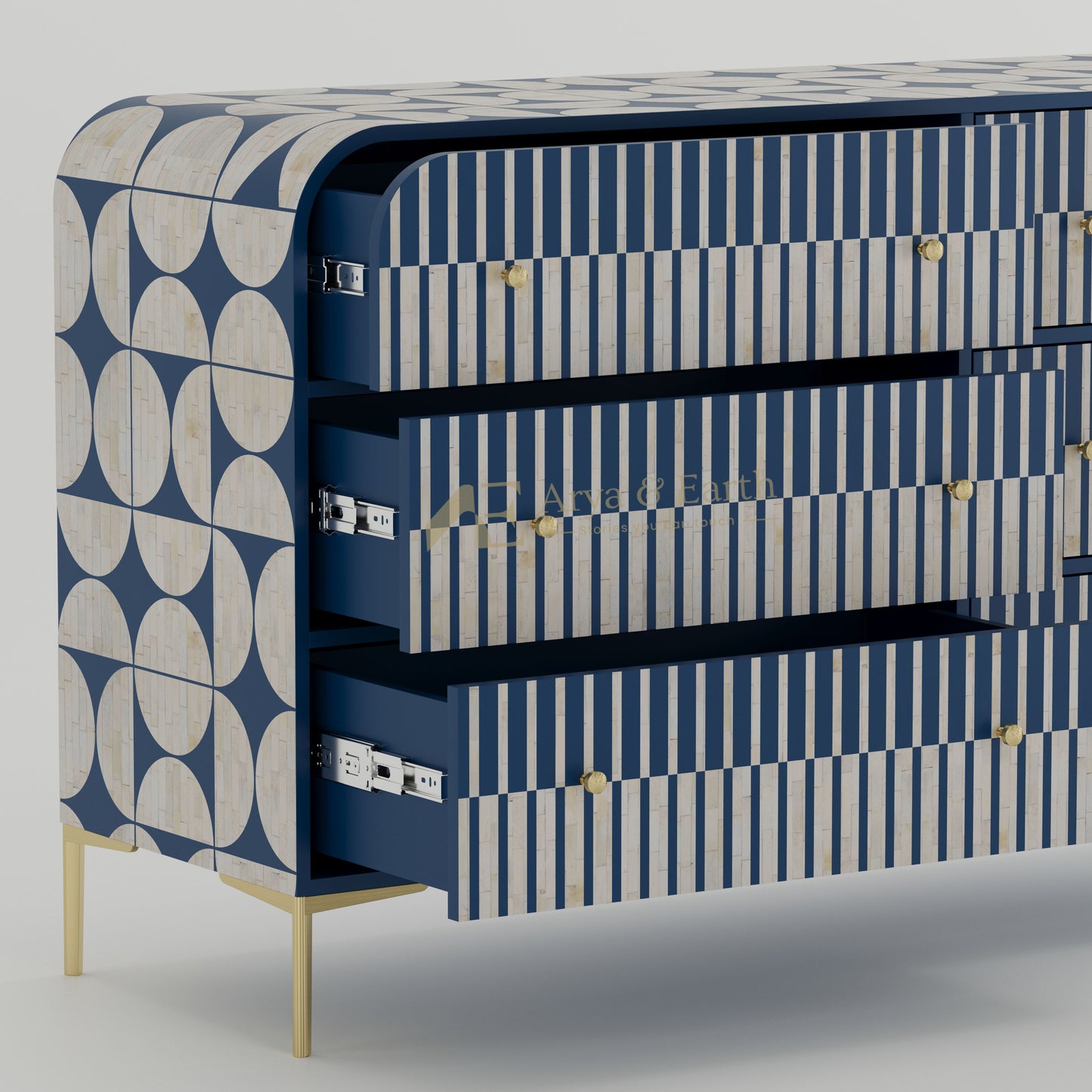 open drawers on a geometric design dresser