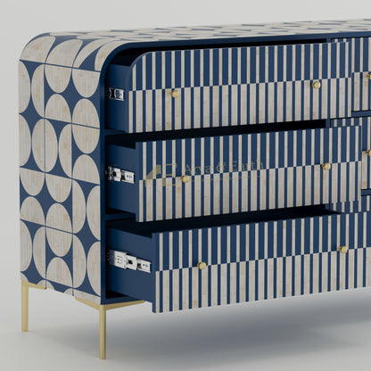 open drawers on a geometric design dresser