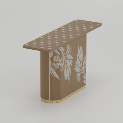 Side view of bone inlay hallway table with gum tree design