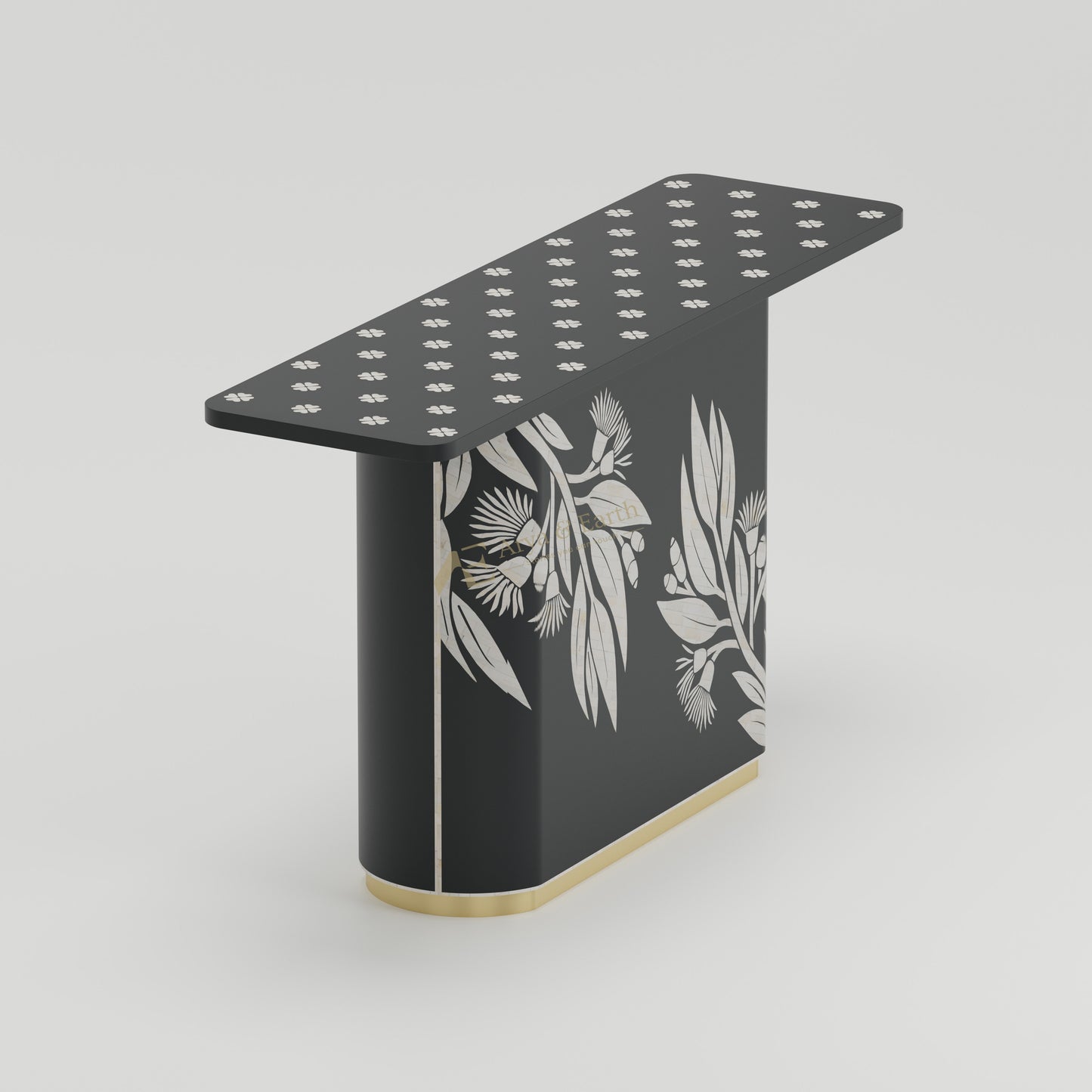 Bone Inlay Black side table with white floral patterns.