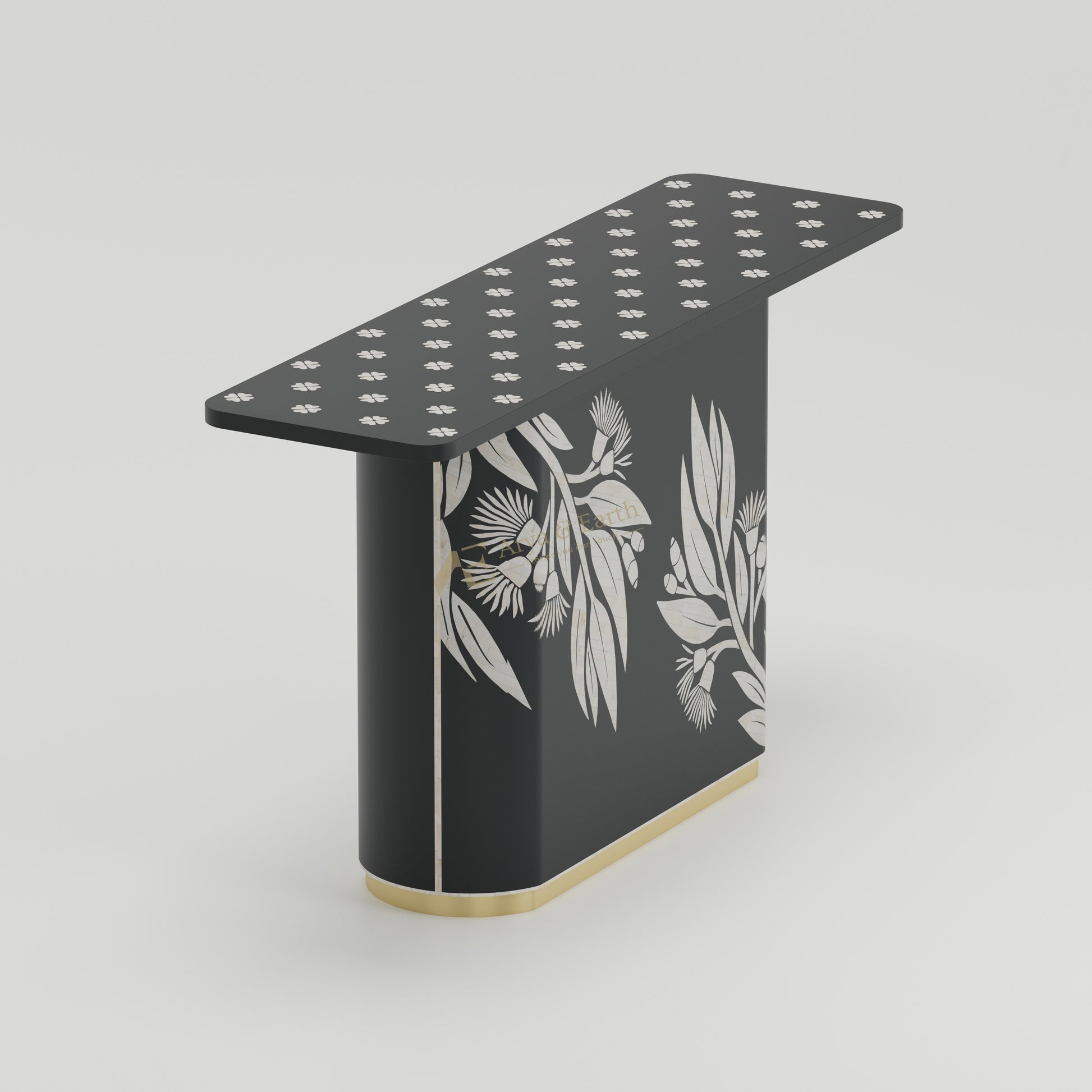 Bone Inlay Black side table with white floral patterns.