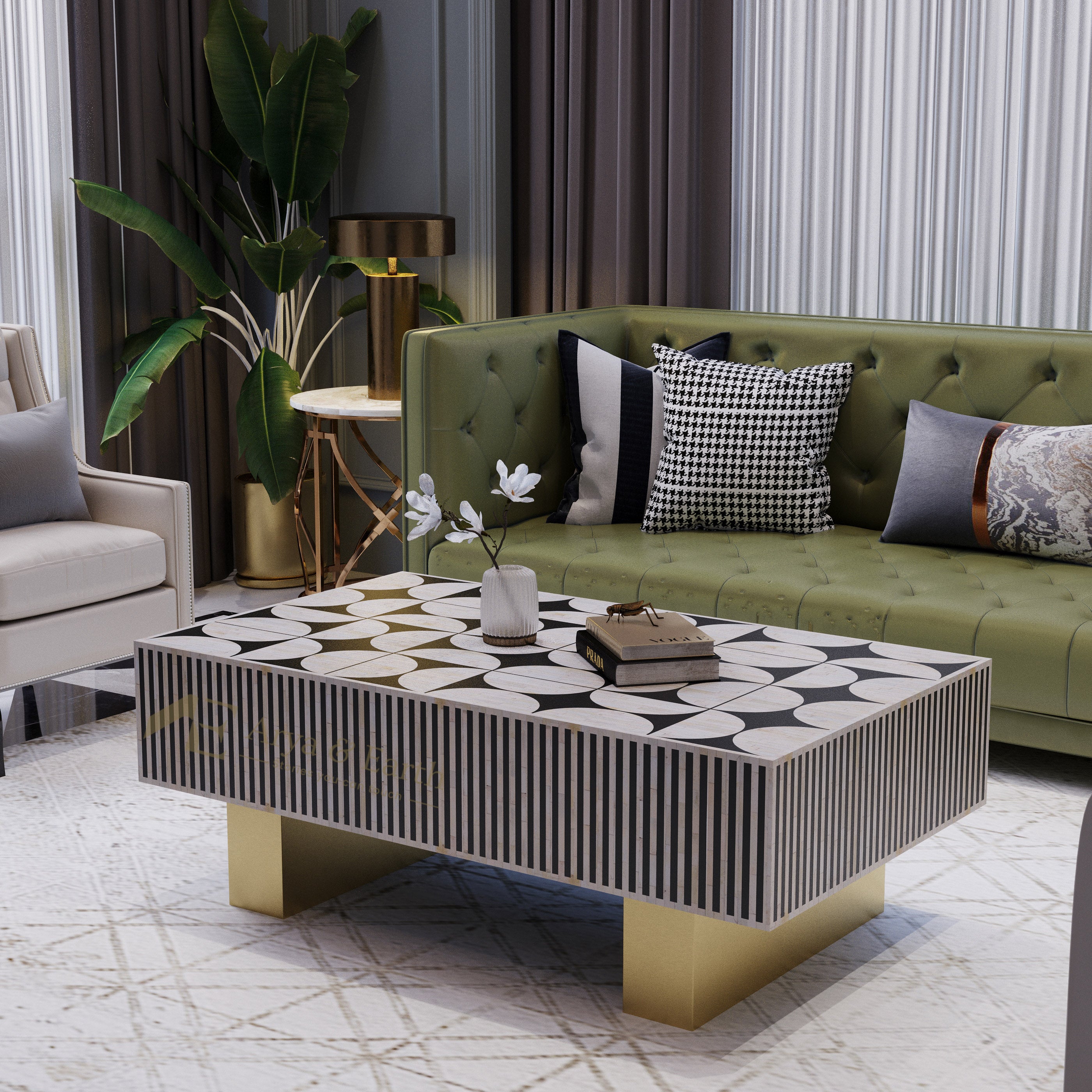 Modern living room with a green sofa, bone inlay monochromatic coffee table, and decorative pillows.