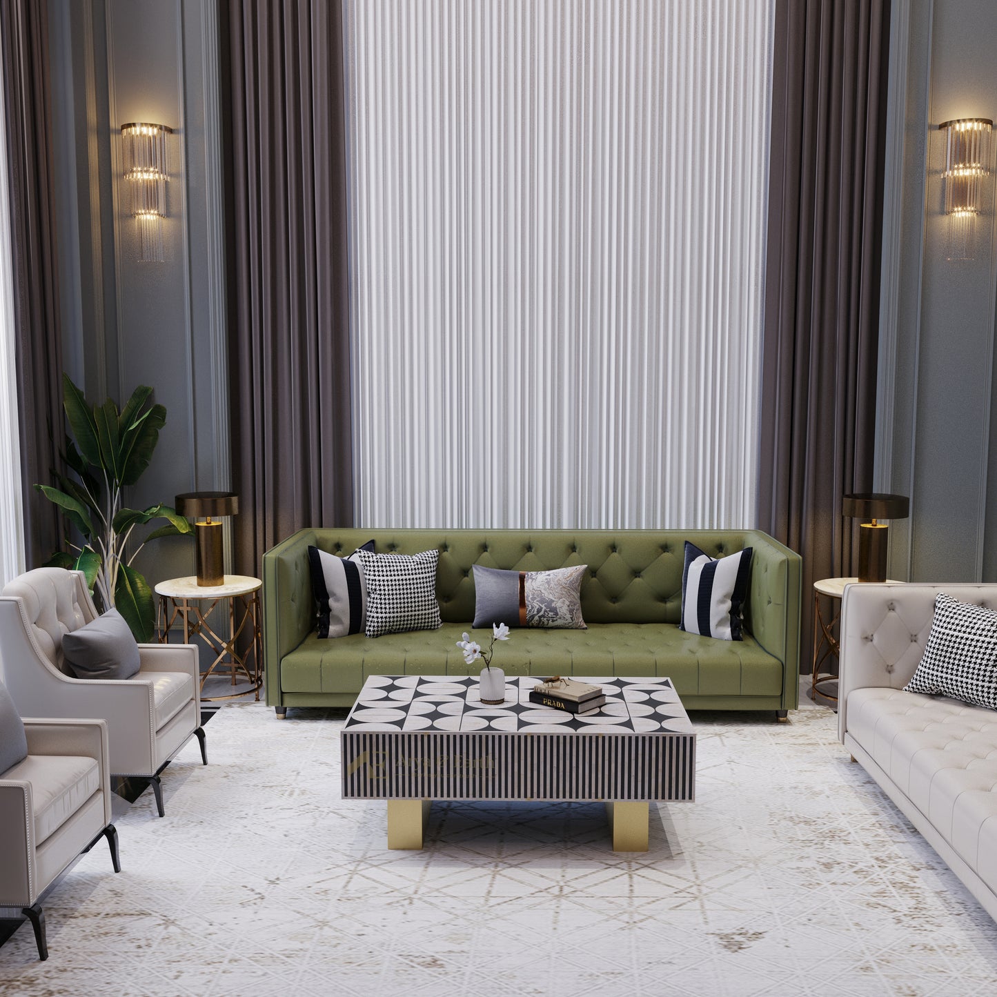 Modern living room with green sofa, geometric coffee table, and decorative pillows.