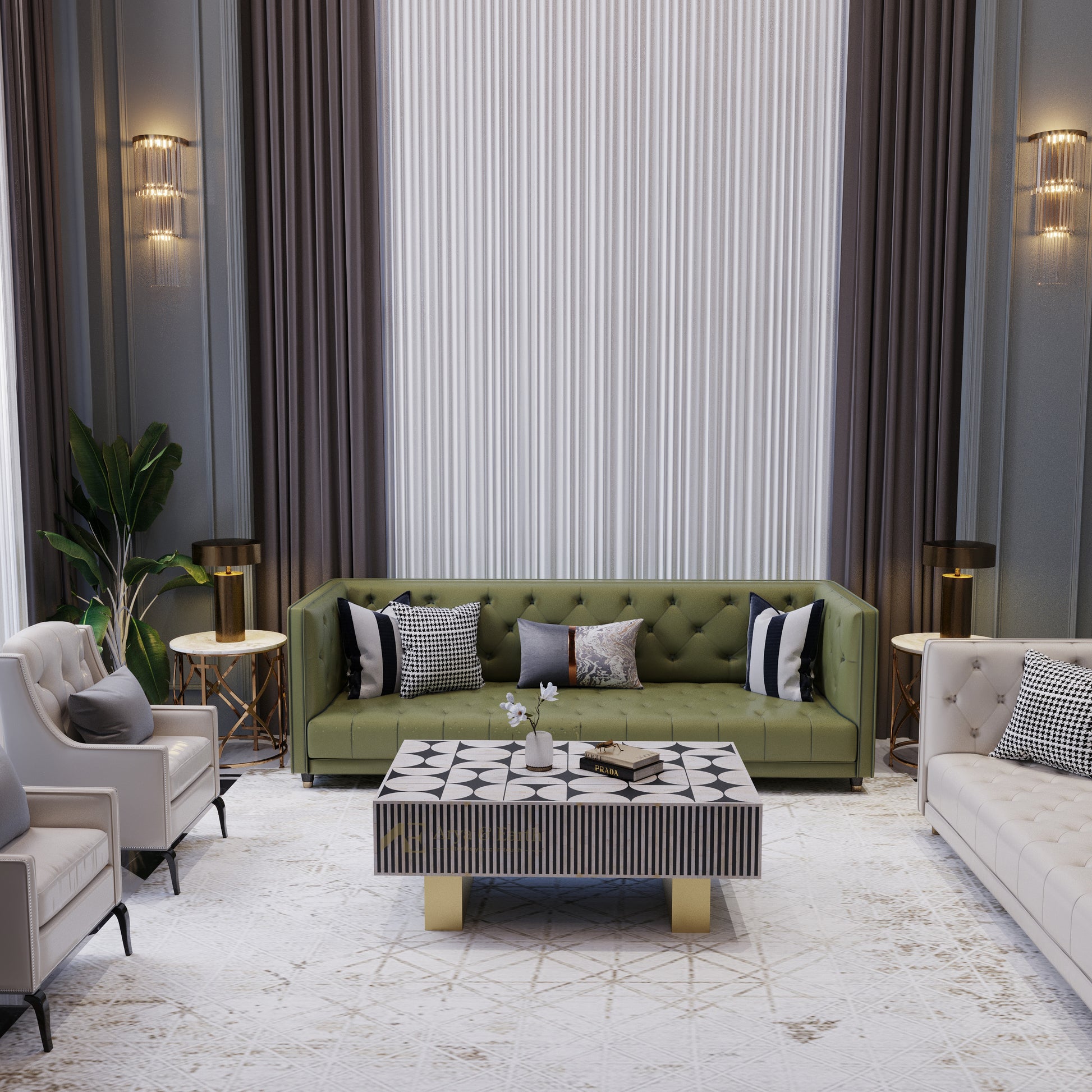Modern living room with green sofa, geometric coffee table, and decorative pillows.