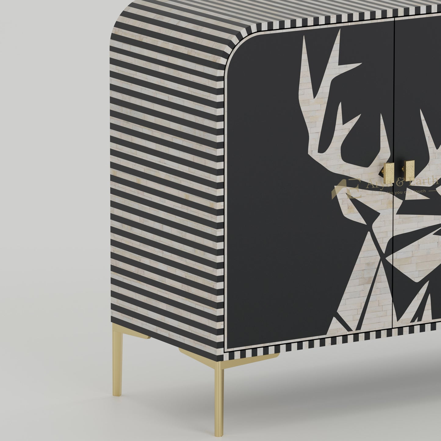 Closeup of Bone inlay texture on a black and white cabinet with stripe design