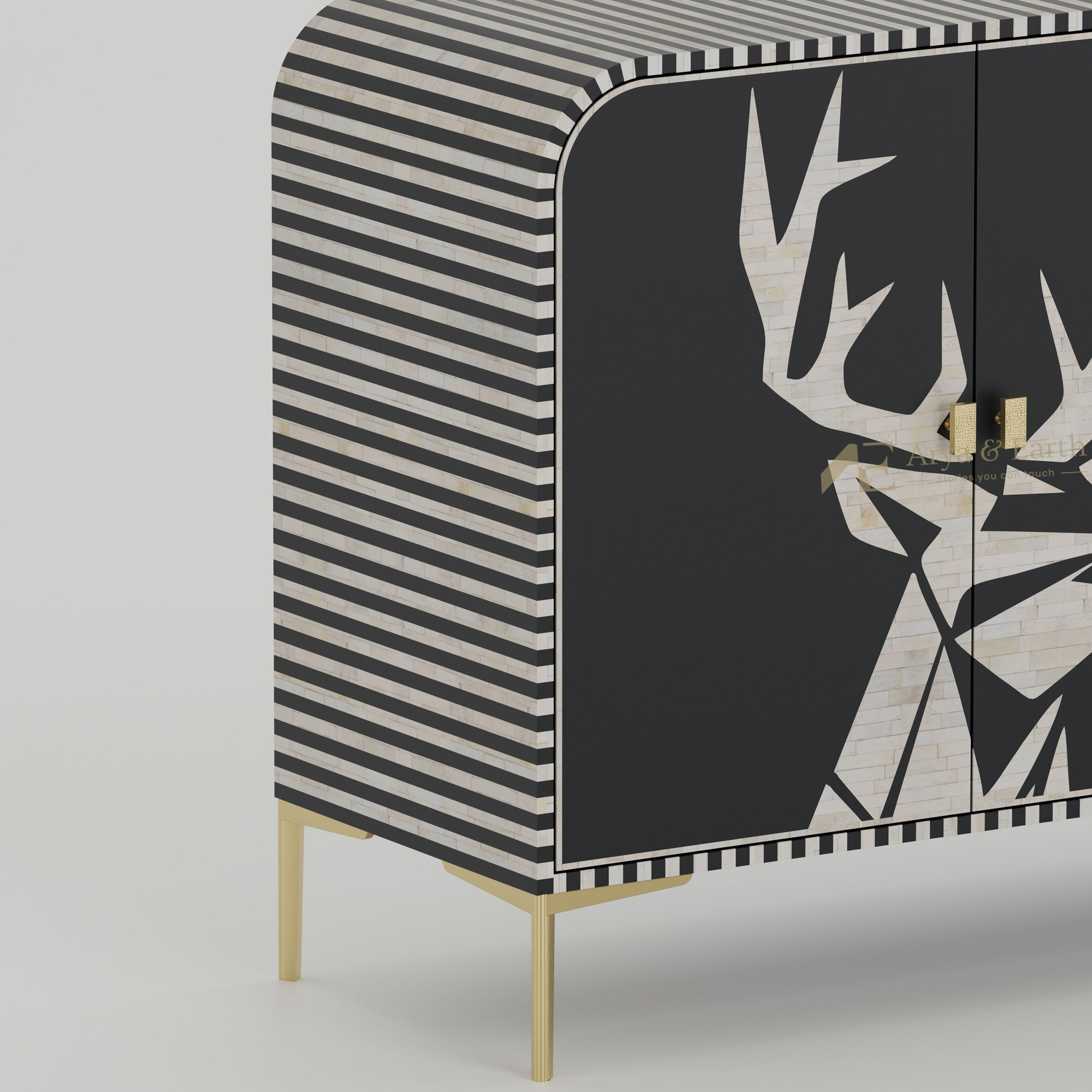 Closeup of Bone inlay texture on a black and white cabinet with stripe design
