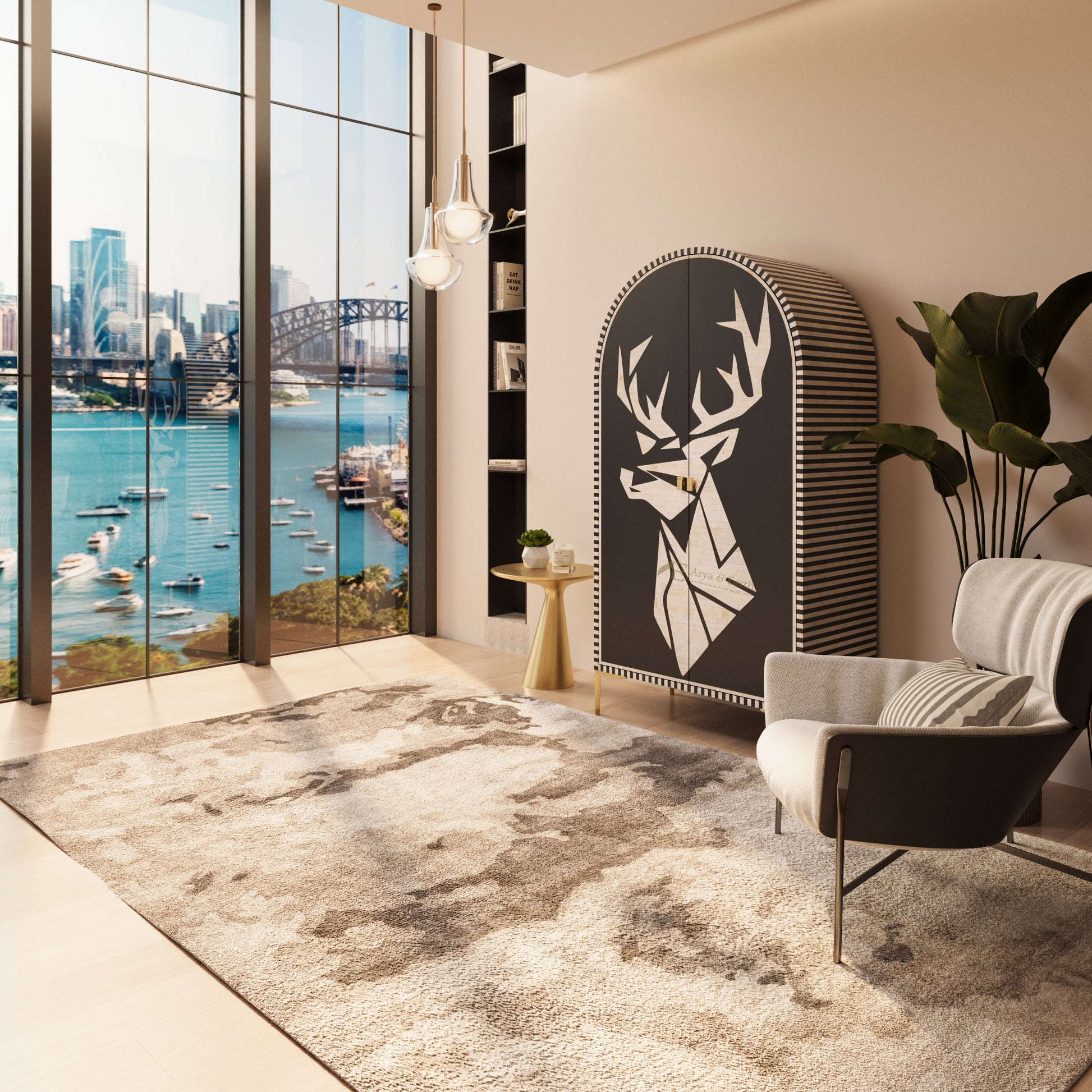 Modern apartment with a large window view of a cityscape, a bone inlay black cabinet with a deer design, and a chair.