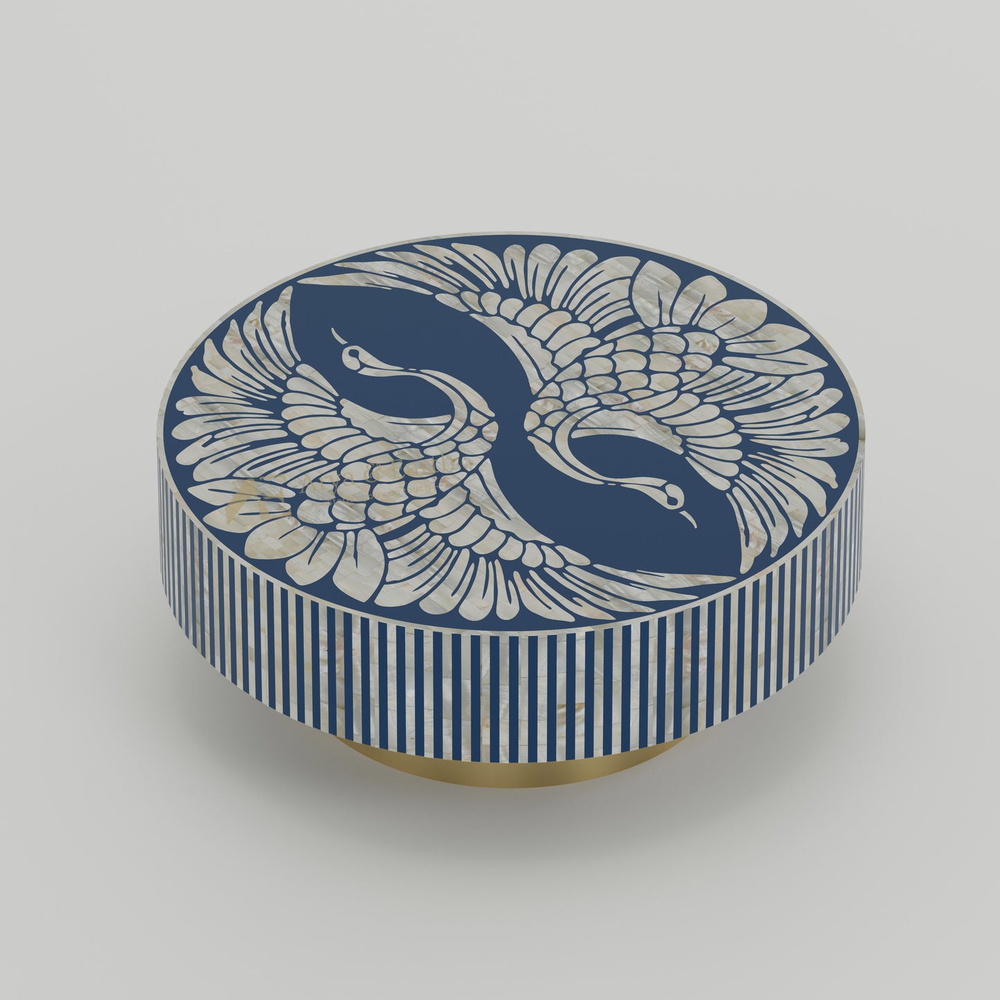 Mother of pearl inlay blue round coffee table with phoenix design