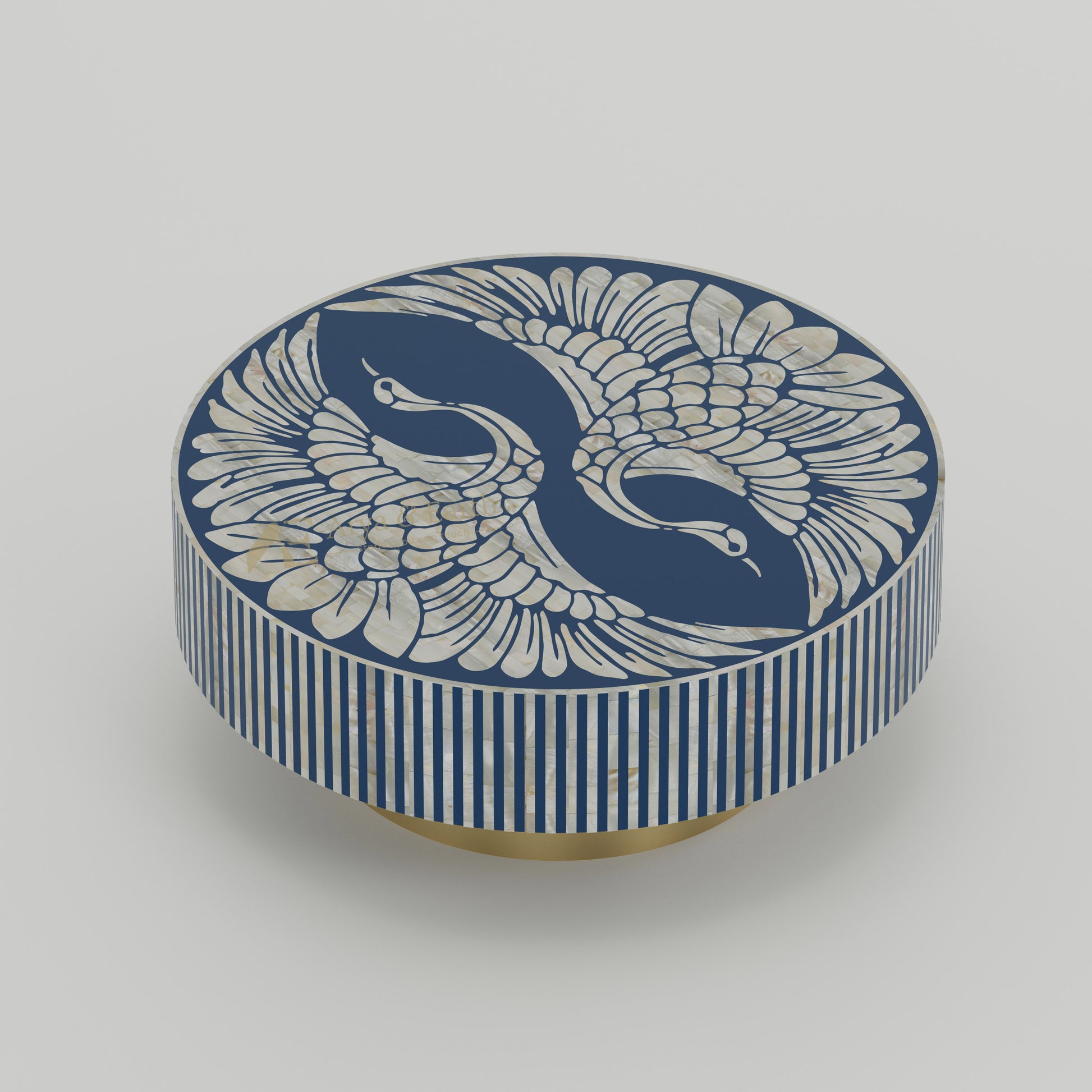 Mother of pearl inlay blue round coffee table with phoenix design