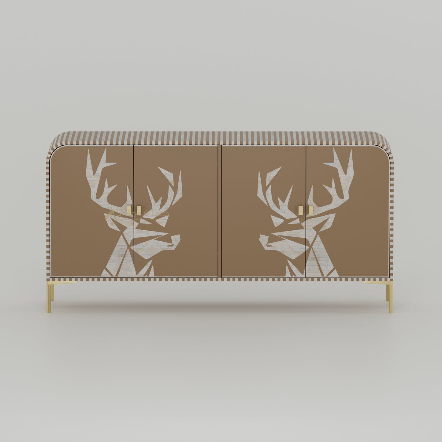 Bone inlay buffet Cabinet with deer head design on a beige background