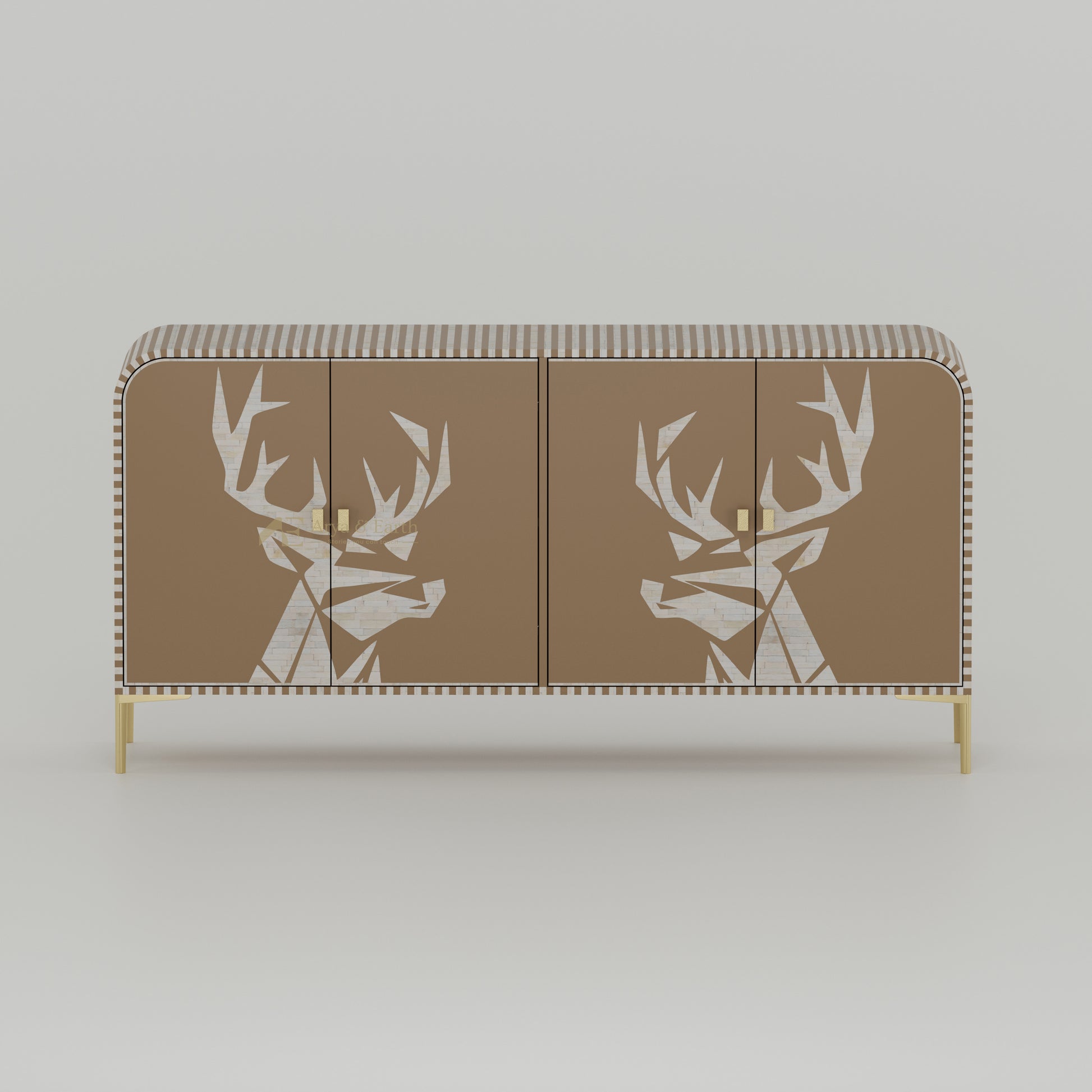 Bone inlay buffet Cabinet with deer head design on a beige background