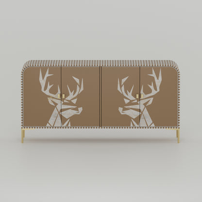 Bone inlay buffet Cabinet with deer head design on a beige background