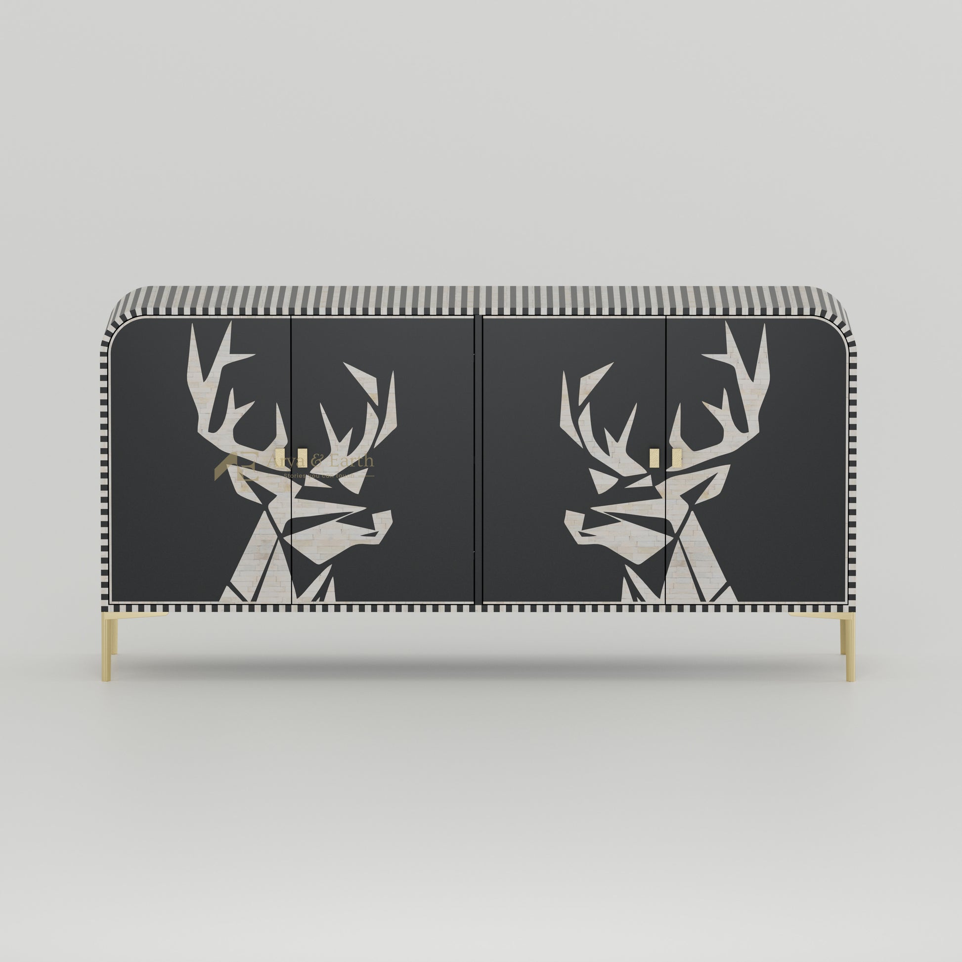 Bone inlay buffet Cabinet with deer head design on a black background