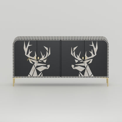 Bone inlay buffet Cabinet with deer head design on a black background