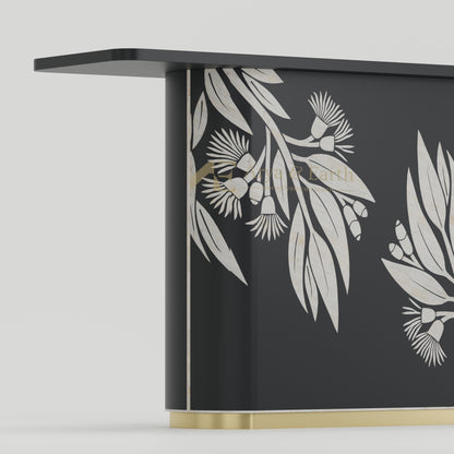 Close up of Bone Inlay Black console table with white floral pattern