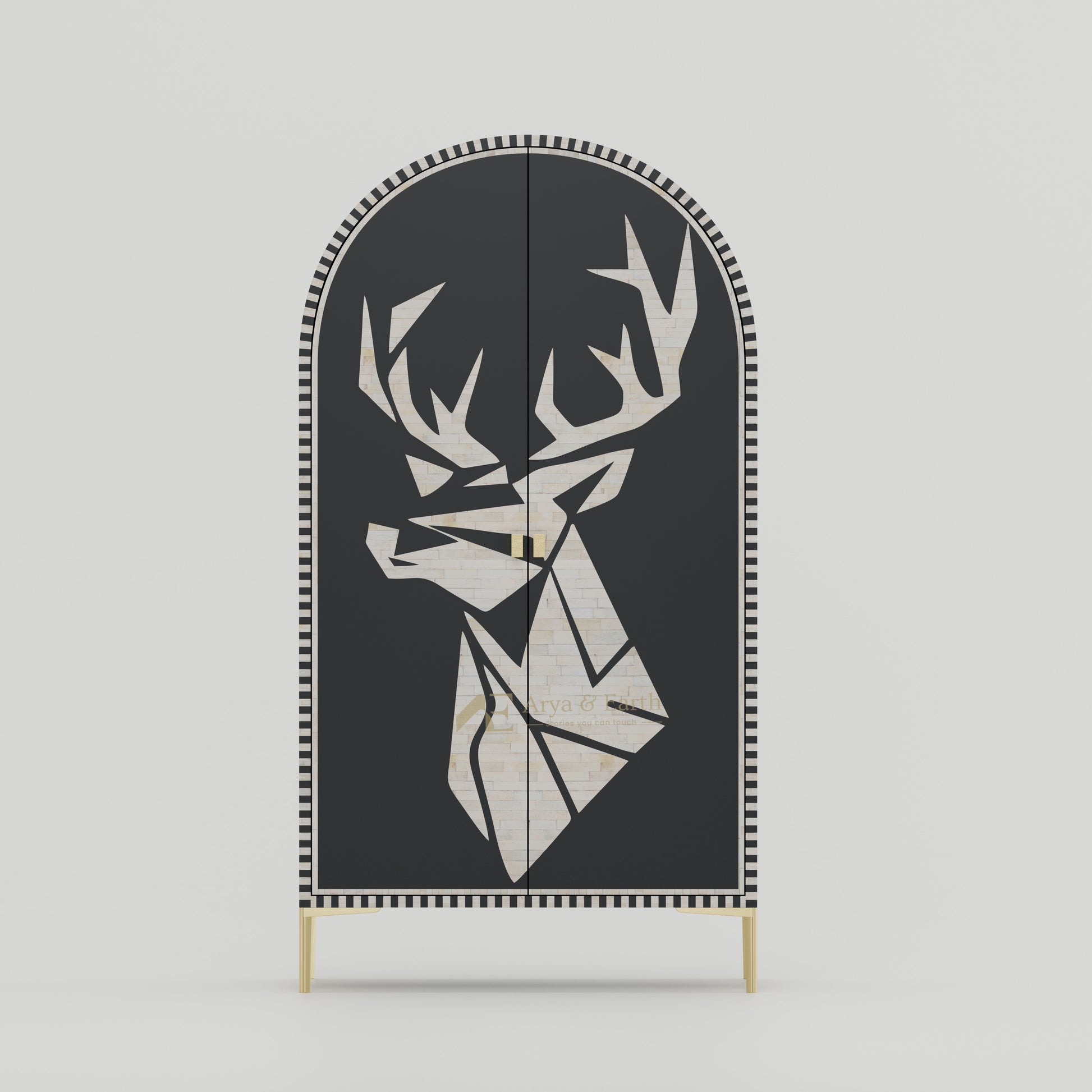 Bone inlay black Cabinet with deer head design