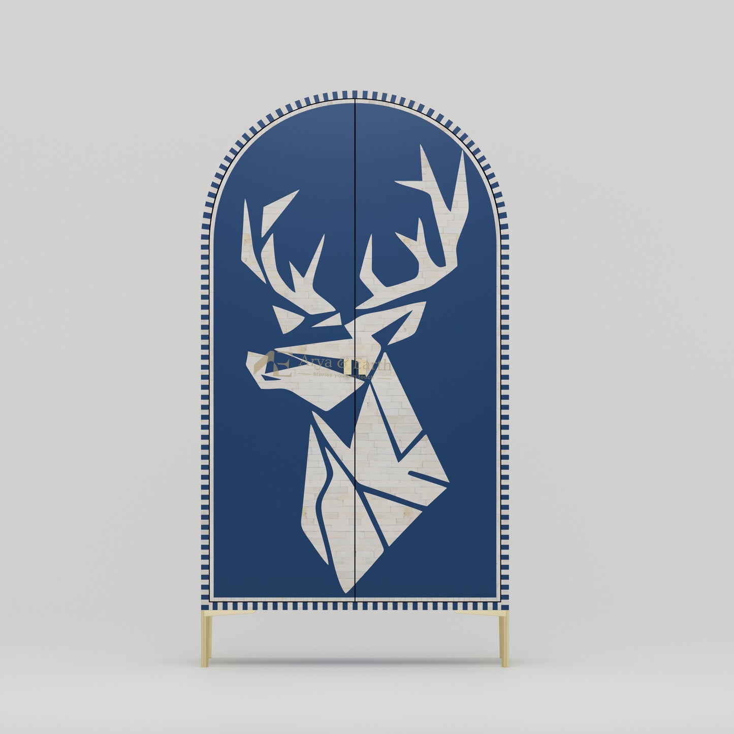 Bone Inlay Cabinet with geometric deer design on a blue background