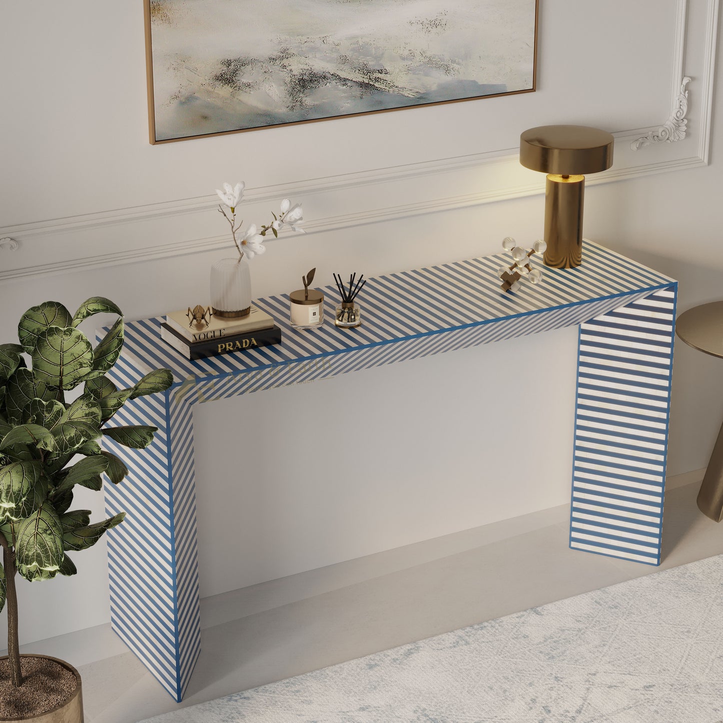 Console table with blue and white striped design in a room setting