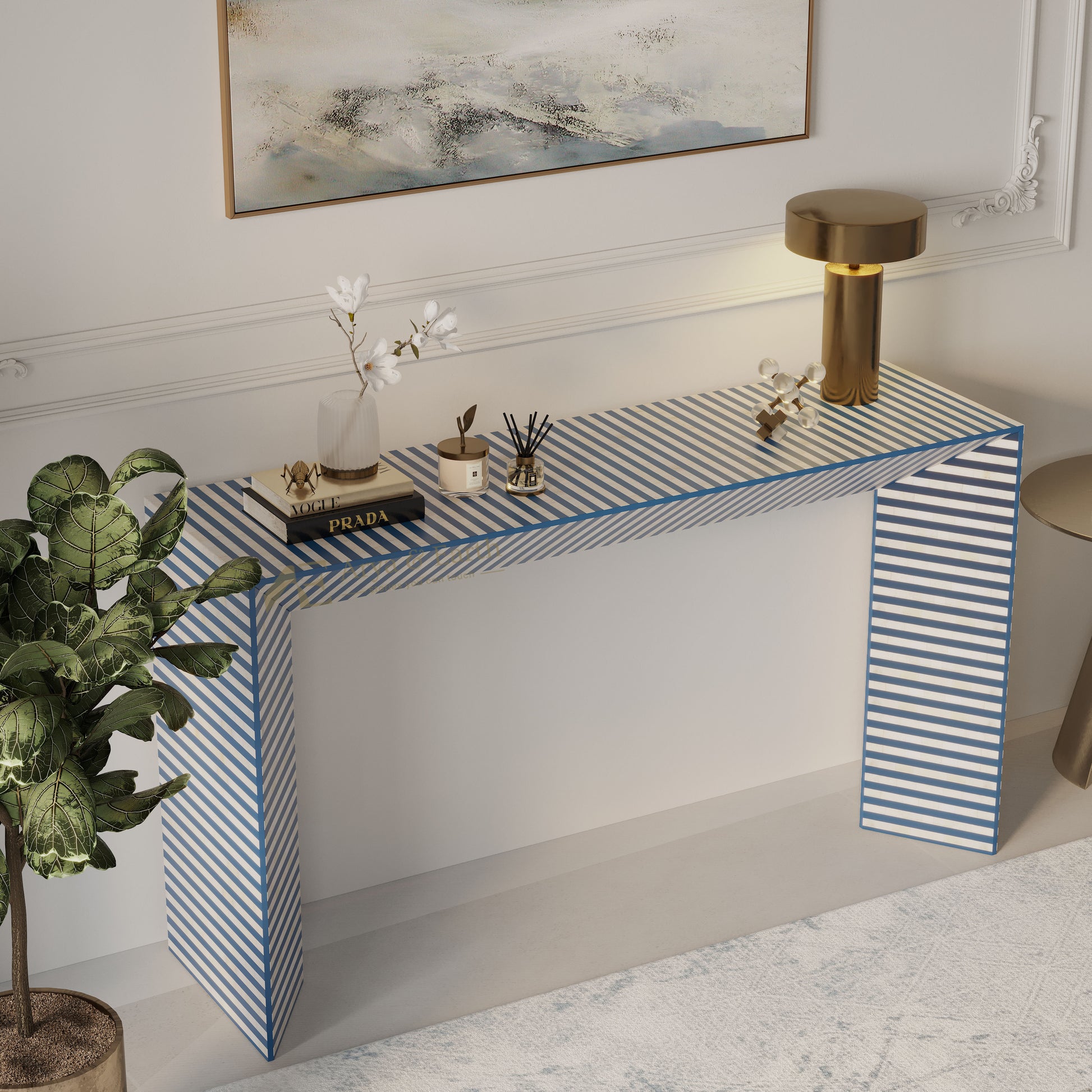 Console table with blue and white striped design in a room setting