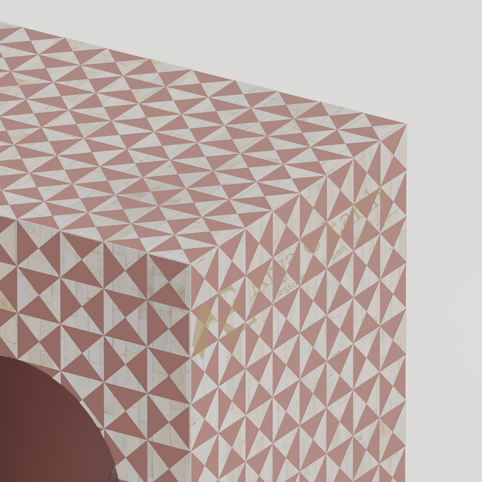 close up of the bone inlay geometric pattern on  console table 
