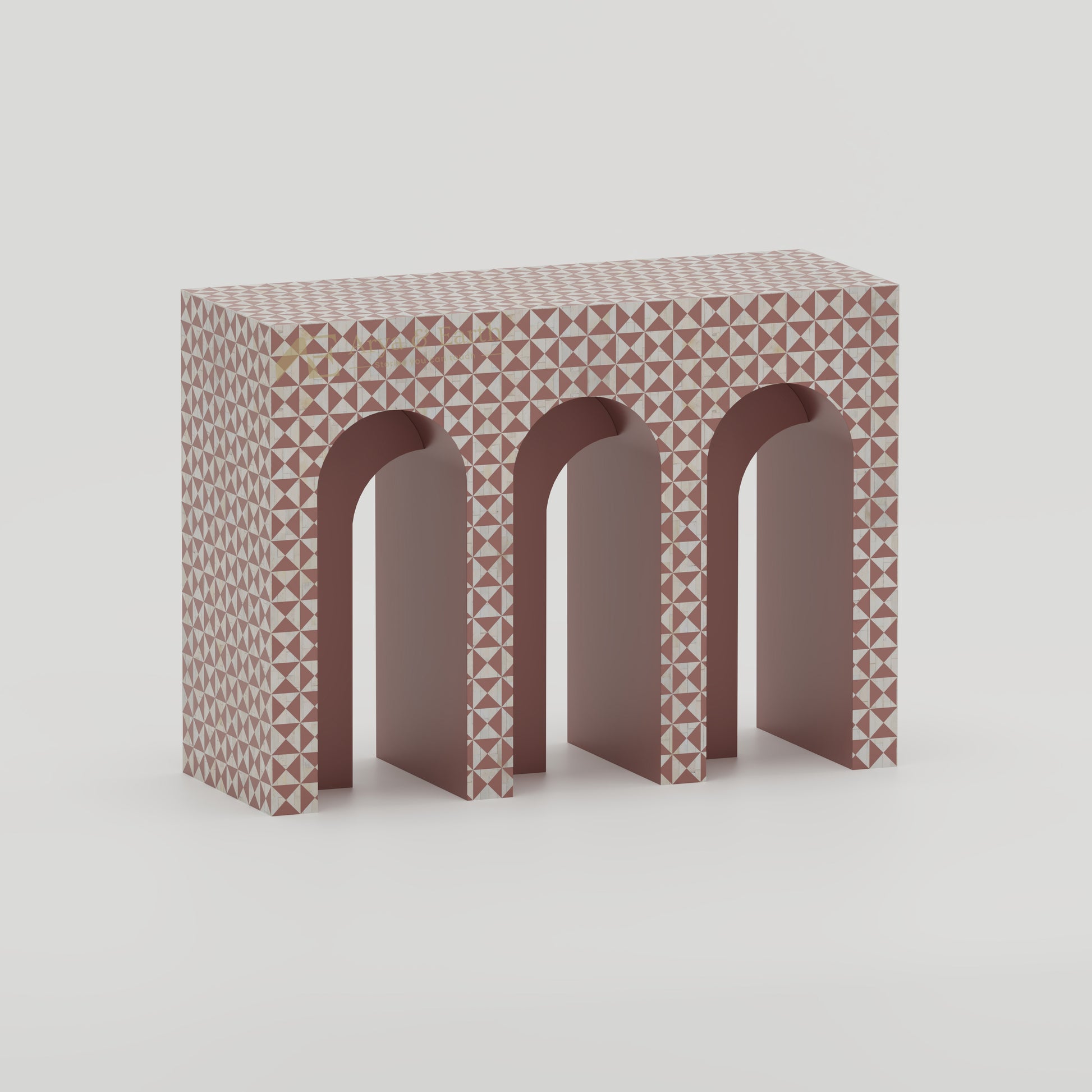Bone Inlay luxury arched hallway table with terracotta geometric pattern