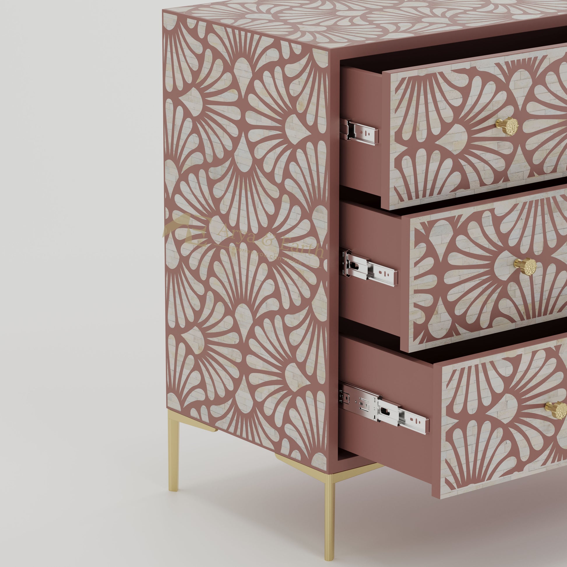 bone inlay dresser with open drawers