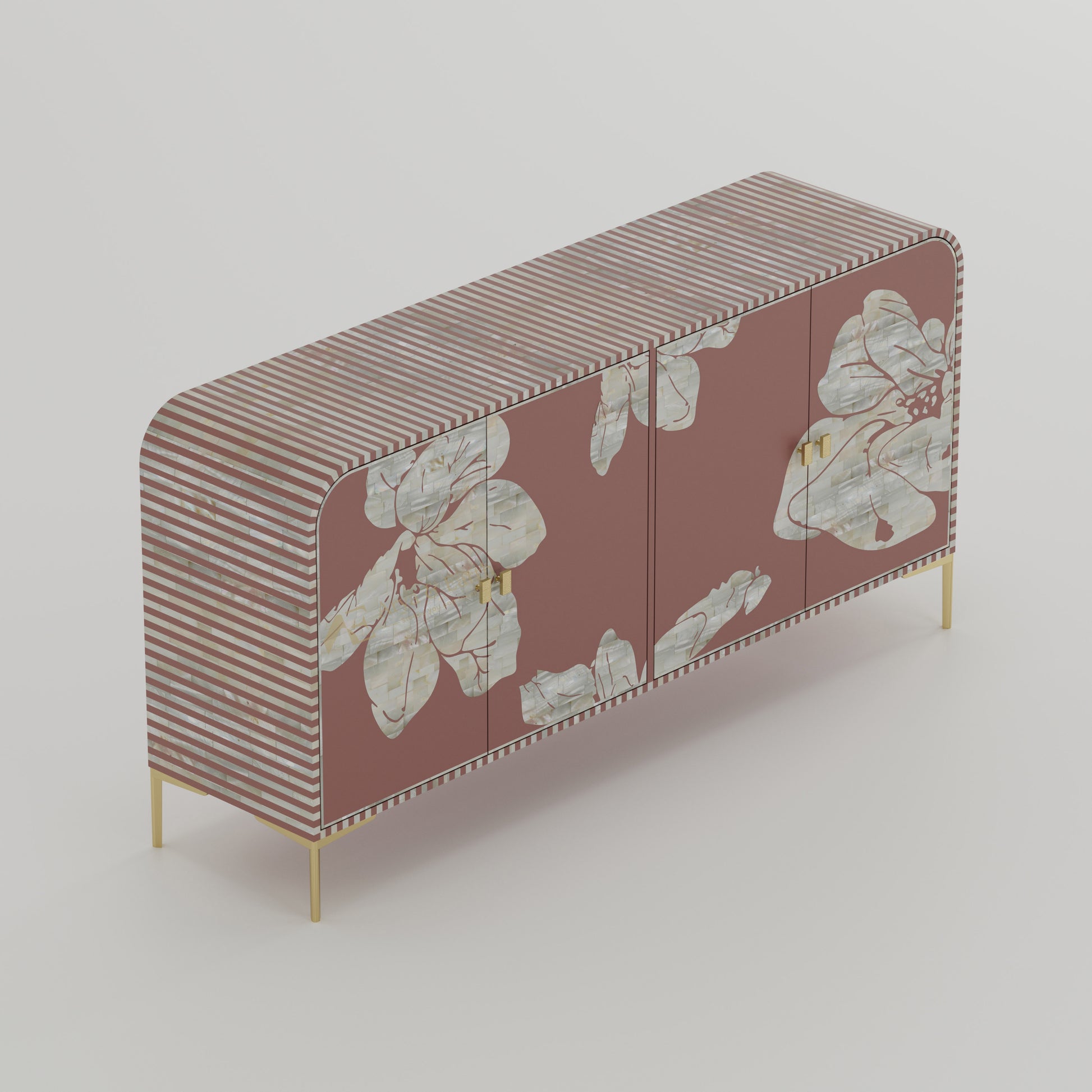 Mother of pearl inlay handmade Cabinet with floral and stripe design, gold accents